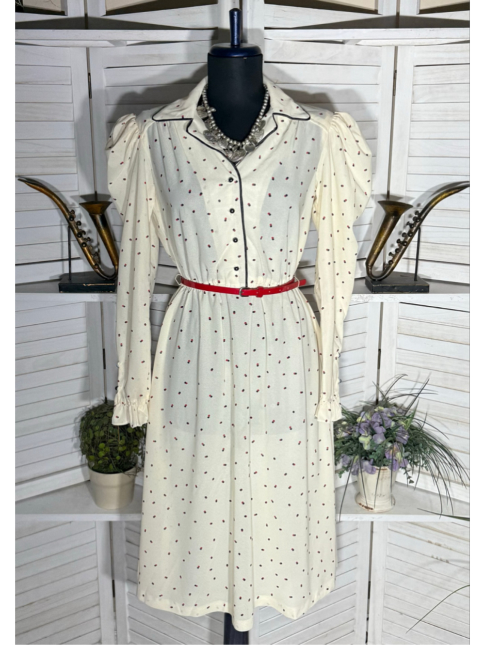 Vintage 60s midi dress Victorian cream polka dot mod ruffled preppy academia S